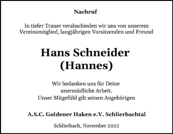 Traueranzeige von Hans Schneider von Bergsträßer Anzeiger