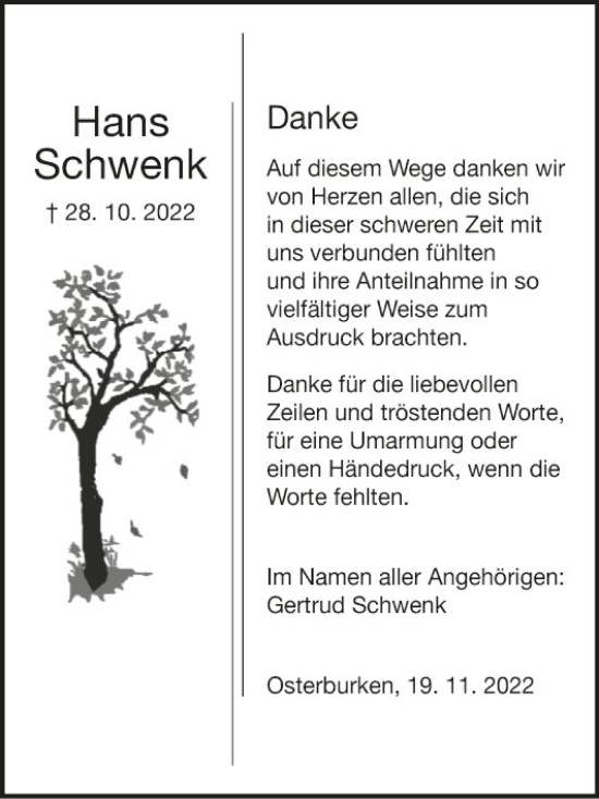 Traueranzeige von Hans Schwenk von Fränkische Nachrichten