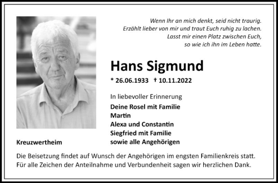 Traueranzeige von Hans Sigmund von Fränkische Nachrichten