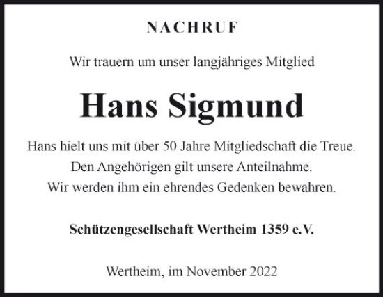 Traueranzeige von Hans Sigmund von Fränkische Nachrichten