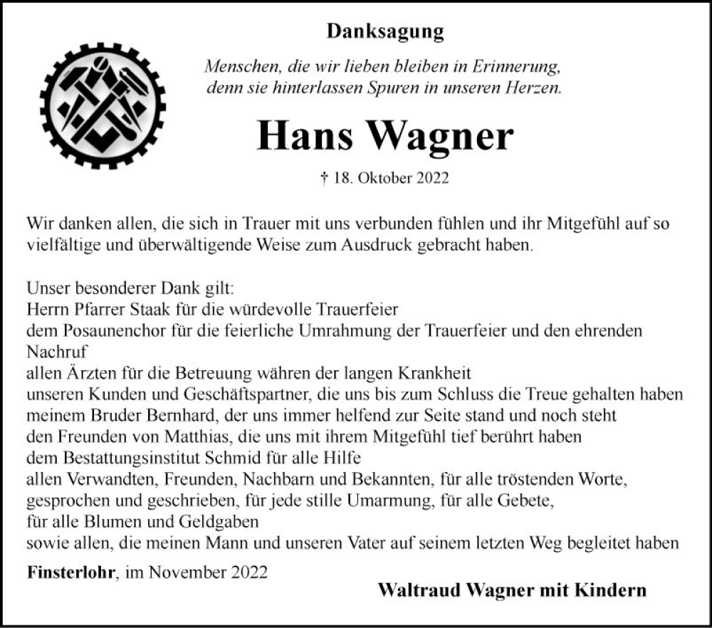  Traueranzeige für Hans Wagner vom 12.11.2022 aus Fränkische Nachrichten