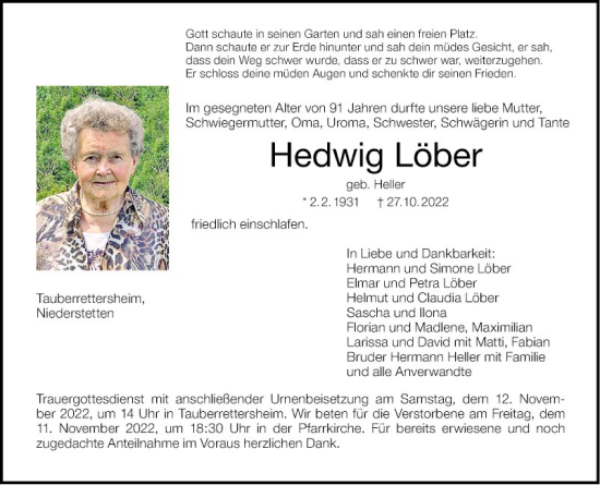 Traueranzeige von Hedwig Löber von Fränkische Nachrichten