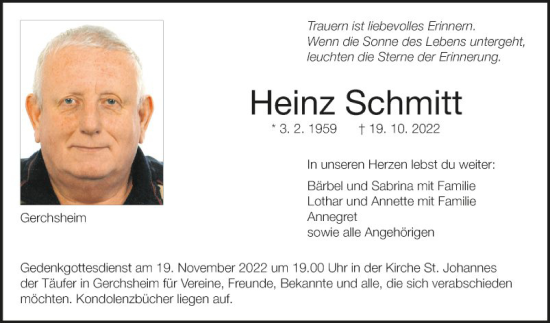 Traueranzeige von Heinz Schmitt von Fränkische Nachrichten