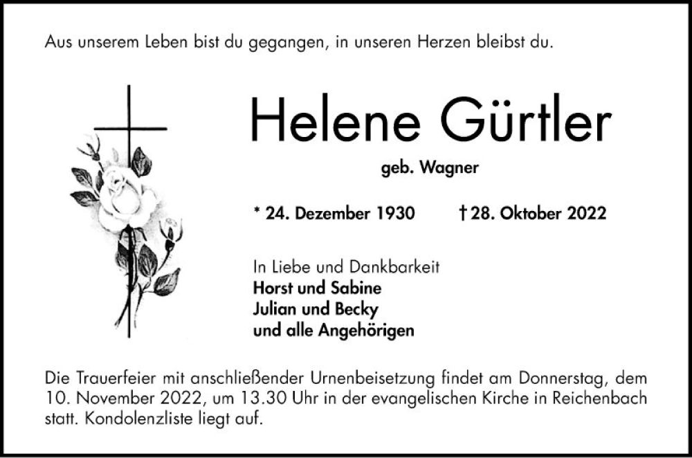  Traueranzeige für Helene Gürtler vom 05.11.2022 aus Bergsträßer Anzeiger