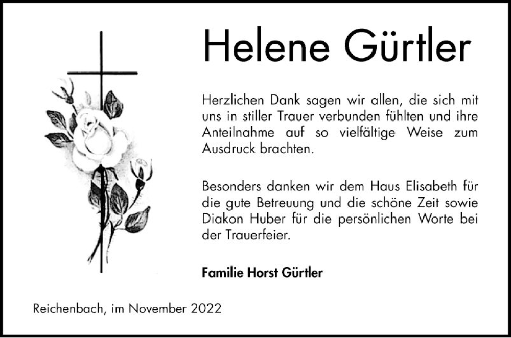  Traueranzeige für Helene Gürtler vom 26.11.2022 aus Bergsträßer Anzeiger