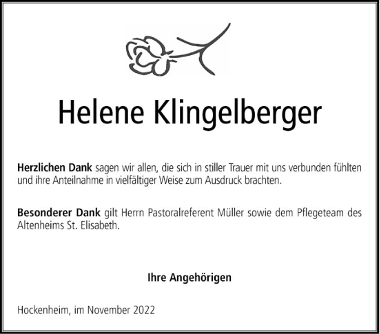 Traueranzeige von Helene Klingelberger von Schwetzinger Zeitung