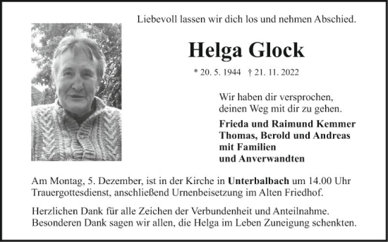 Traueranzeige von Helga Glock von Fränkische Nachrichten