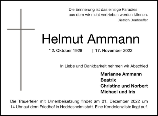 Traueranzeige von Helmut Ammann von Mannheimer Morgen