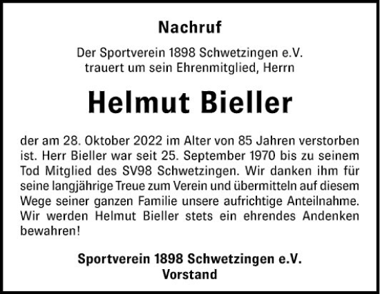 Traueranzeige von Helmut Bieller von Schwetzinger Zeitung