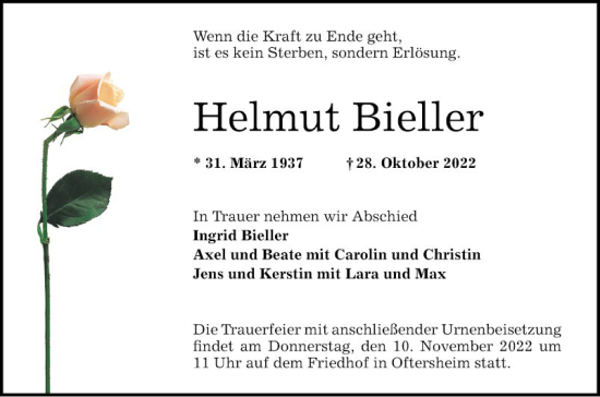 Traueranzeige von Helmut Bieller von Schwetzinger Zeitung