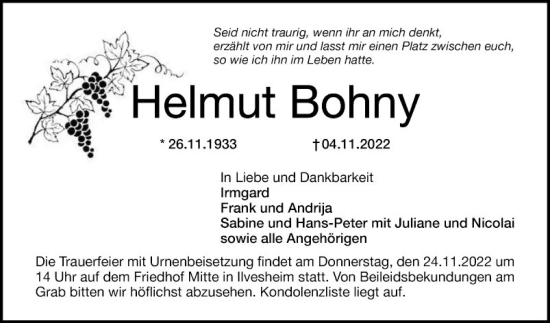 Traueranzeige von Helmut Bohny von Mannheimer Morgen