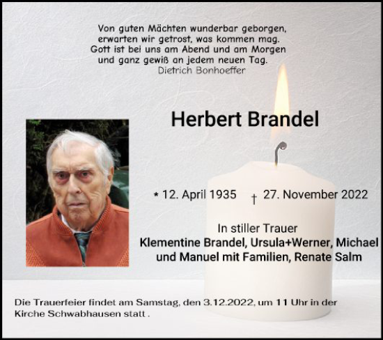 Traueranzeige von Herbert Brandel von Fränkische Nachrichten