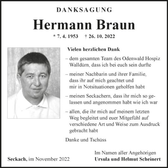 Traueranzeige von Hermann Braun von Fränkische Nachrichten