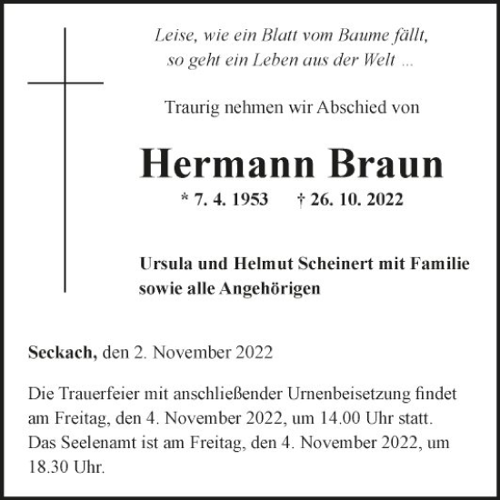 Traueranzeige von Hermann Braun von Fränkische Nachrichten