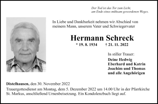 Traueranzeige von Hermann Schreck von Fränkische Nachrichten