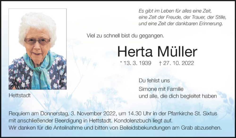  Traueranzeige für Herta Müller vom 02.11.2022 aus Fränkische Nachrichten
