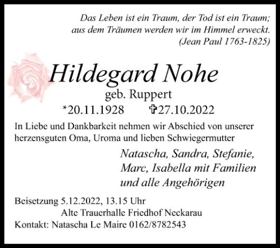 Traueranzeige von Hildegard Nohe von Mannheimer Morgen