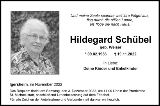 Traueranzeige von Hildegard Schübel von Fränkische Nachrichten