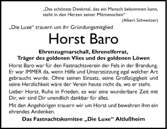 Traueranzeige von Horst Baro von Schwetzinger Zeitung