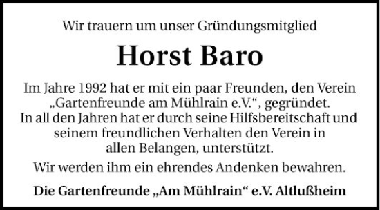 Traueranzeige von Horst Baro von Schwetzinger Zeitung