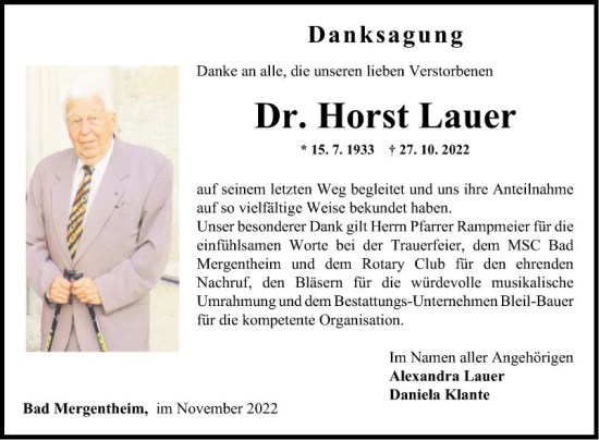 Traueranzeige von Horst Lauer von Fränkische Nachrichten