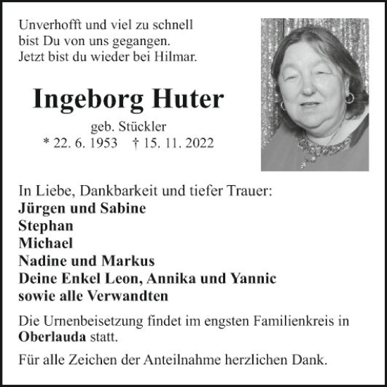 Traueranzeige von Ingeborg Huter von Fränkische Nachrichten