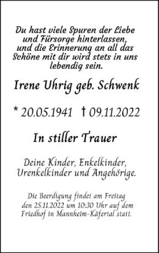 Traueranzeige von Irene Uhrig von Mannheimer Morgen