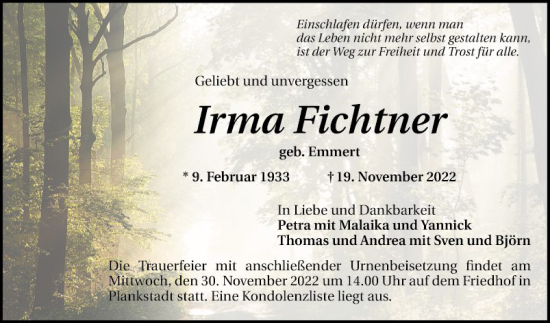 Traueranzeige von Irma Fichtner von Schwetzinger Zeitung