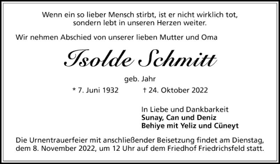 Traueranzeige von Isolde Schmitt von Mannheimer Morgen