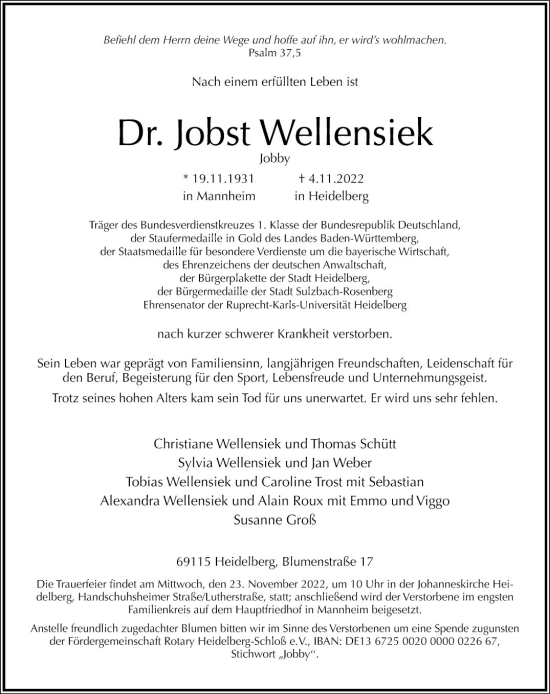 Traueranzeige von Jobst Wellensiek von Mannheimer Morgen