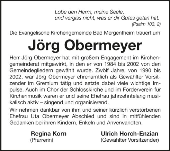 Traueranzeige von Jörg Obermeyer von Fränkische Nachrichten