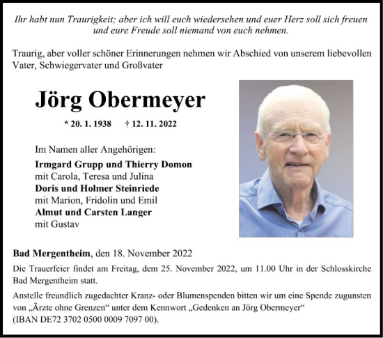 Traueranzeige von Jörg Obermeyer von Fränkische Nachrichten