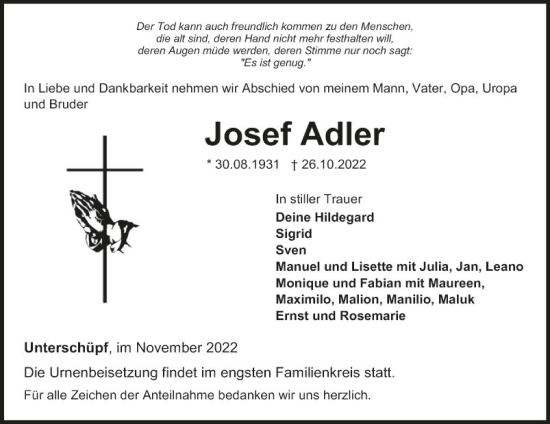 Traueranzeige von Josef Adler von Fränkische Nachrichten