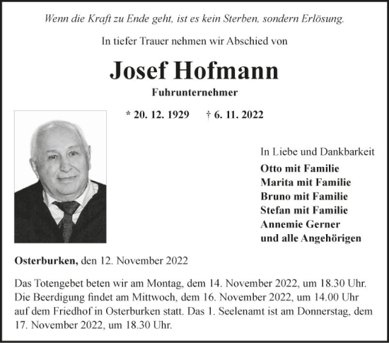 Traueranzeige von Josef Hofmann von Fränkische Nachrichten