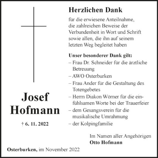 Traueranzeige von Josef Hofmann von Fränkische Nachrichten