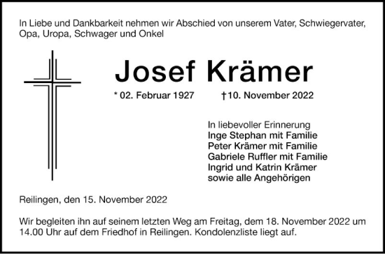 Traueranzeige von Josef Krämer von Schwetzinger Zeitung