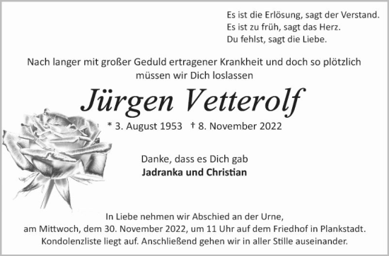 Traueranzeige von Jürgen Vetterolf von Schwetzinger Zeitung