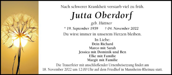 Traueranzeige von Jutta Oberdorf von Mannheimer Morgen