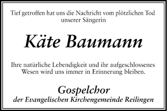 Traueranzeige von Käte Baumann von Schwetzinger Zeitung