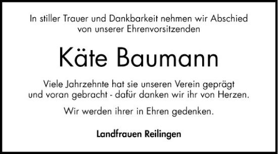 Traueranzeige von Käte Baumann von Schwetzinger Zeitung