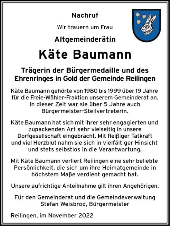 Traueranzeige von Käte Baumann von Schwetzinger Zeitung