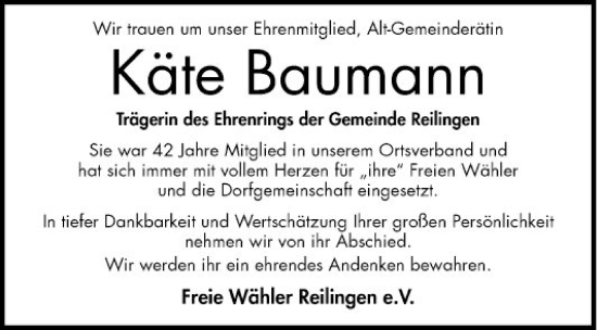 Traueranzeige von Käte Baumann von Schwetzinger Zeitung