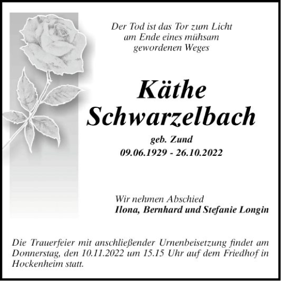 Traueranzeige von Käthe Schwarzelbach von Schwetzinger Zeitung