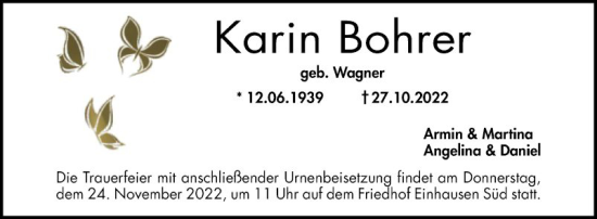 Traueranzeige von Karin Bohrer von Bergsträßer Anzeiger