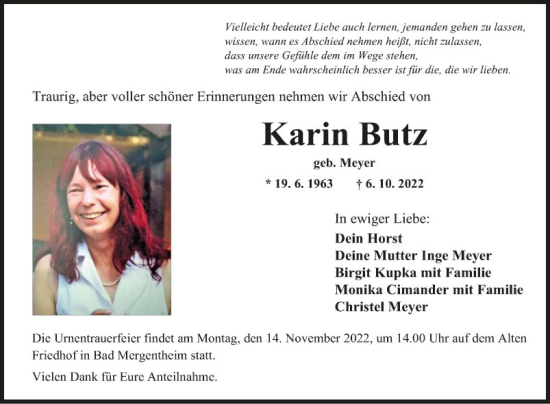 Traueranzeige von Karin Butz von Fränkische Nachrichten