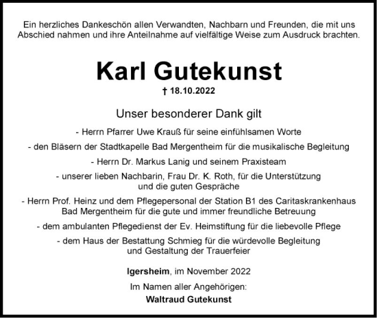 Traueranzeige von Karl Gutekunst von Fränkische Nachrichten