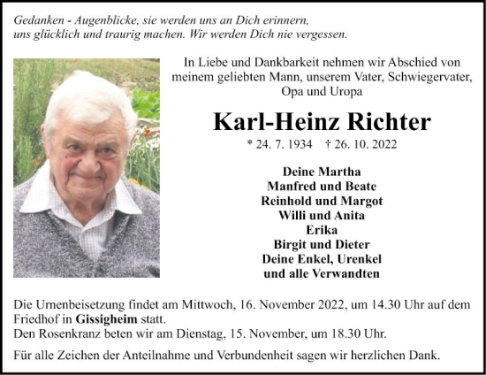 Traueranzeige von Karl-Heinz Richter von Fränkische Nachrichten