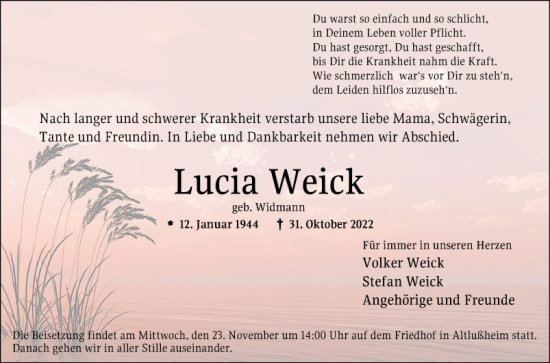 Traueranzeige von Lucia Weick von Schwetzinger Zeitung