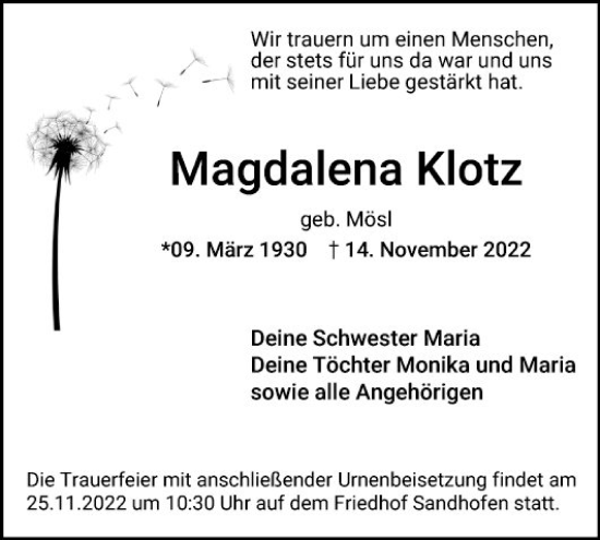 Traueranzeige von Magdalena Klotz von Mannheimer Morgen