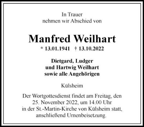 Traueranzeige von Manfred Weilhart von Fränkische Nachrichten